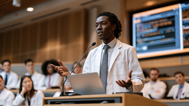 Clinical informatics specialist demonstrating AI polypharmacy alert system to group of internal medicine residents during hospital grand rounds, drug safety education, healthcare technology training