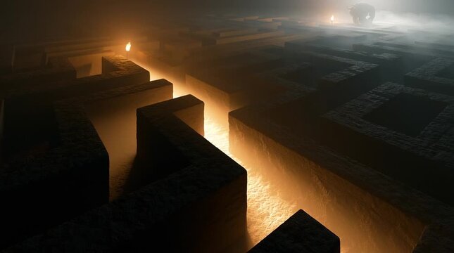 Endless ancient labyrinth illuminated by moving torchlight, giant Minotaur silhouette appearing through drifting fog at distant intersections, dark fantasy atmosphere