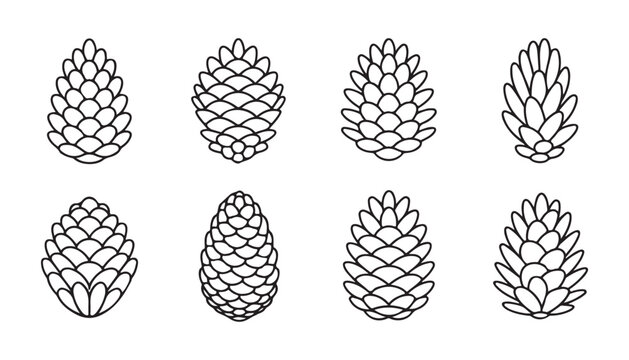 Set of simple outline pine cone icons isolated on grey background for graphic design and craft work.