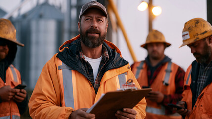 Fototapeta premium Harvest prep crew leader distributing daily equipment assignments to workers gathered beside grain elevator before dawn mist lifts, clipboard in hand, seasonal laborers in worn hats checking phones 