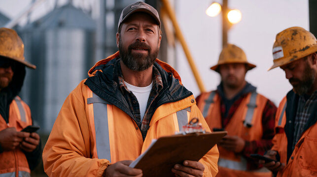 Harvest prep crew leader distributing daily equipment assignments to workers gathered beside grain elevator before dawn mist lifts, clipboard in hand, seasonal laborers in worn hats checking phones 