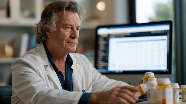 Hospital pharmacist cross-referencing elderly patient prescription bottles against AI drug interaction analysis dashboard, polypharmacy safety, geriatric medication management, clinical decision sup