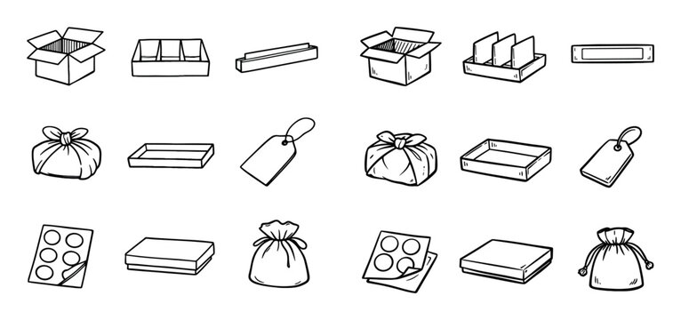 Packaging and gift design icons with box, tag and pouch for print design in outline style