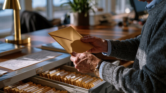 Seed-to-table concept seed library volunteer cataloguing heirloom variety envelopes in filing cabinet at community center, handwritten botanical notes, modest organization office with warm desk ligh