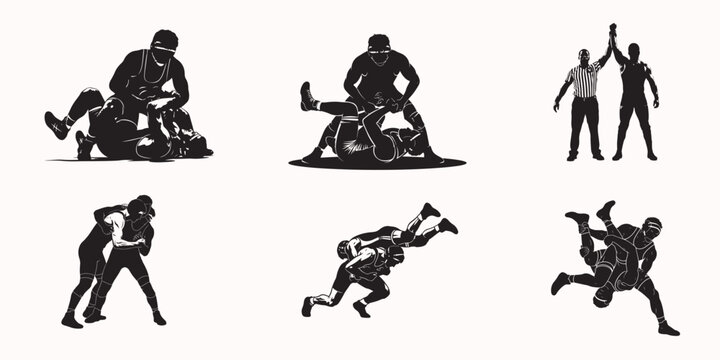 Black silhouette collection of wrestling athletes in dynamic combat poses isolated on white background
