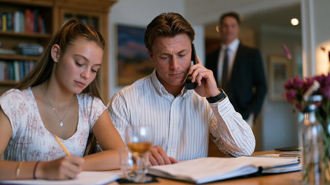 Teenage daughter doing back-to-school homework at the dining table while her startup founder father paces behind her on a tense phone call, separation between family warmth and work pressure visible
