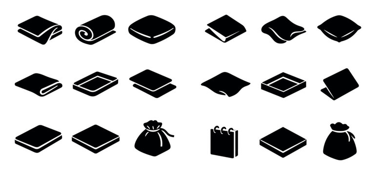 fabric and household design icons with cloth, rolled towel and pouch for branding design in solid style
