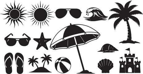 Obraz premium Summer Beach Vacation Vector Elements Set - Black Silhouette Travel Icons on White Background