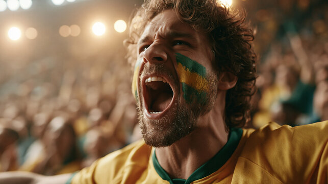 Excited male sports fan with yellow and green face paint shouting during a game in a crowded stadium