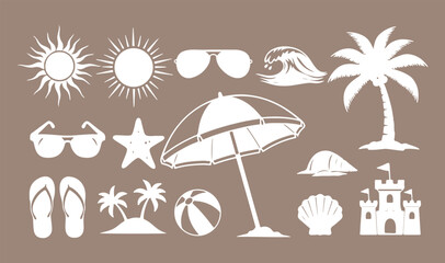 Obraz premium Summer Beach Vacation Vector Elements Set - White Silhouette Travel Icons on Taupe Background