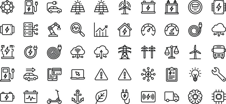 Minimal vector icon set of renewable energy charging battery storage smart grid and electric mobility symbols