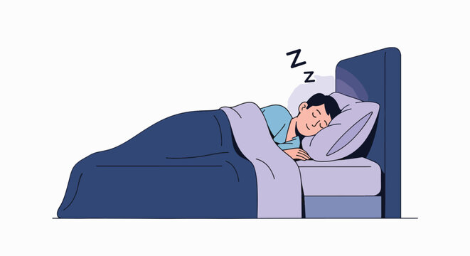 A cartoon woman sleeps peacefully on her side in a bed with a blue comforter and purple sheets against a white background.