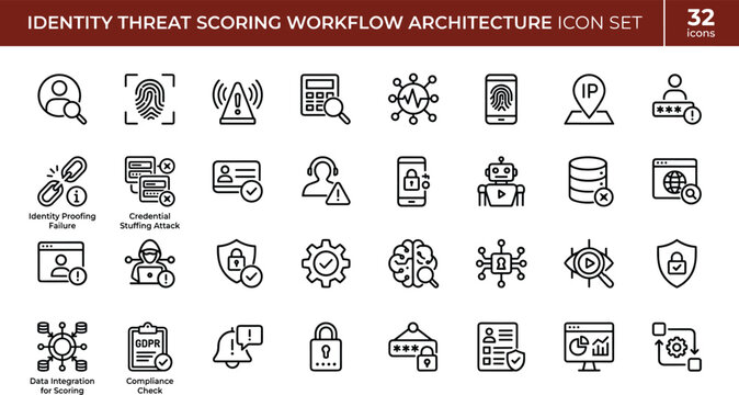 Minimal vector icon set of identity threat scoring workflow architecture credential attack detection and security monitoring symbols