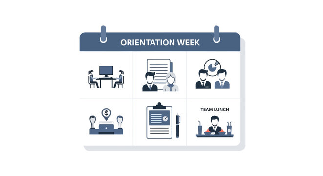 Orientation Week Calendar with Onboarding Icons for New Employee Integration and HR Process