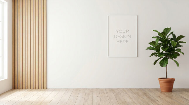 Minimalist Interior Scene with Fiddle Leaf Fig Plant and a Frame for Design Mockup - Clean and Modern.