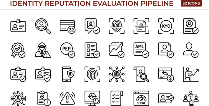Minimal vector icon set of identity reputation evaluation pipeline risk scoring verification and compliance monitoring symbols