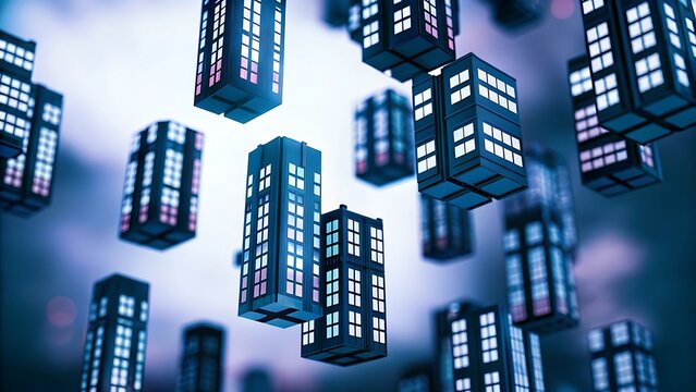 Blockchain Information flows in the digital global networks. 3D illustration of data cells with binary code elements..