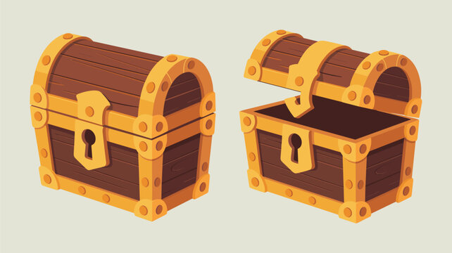 Classic wooden treasure chests with gold bands and keyholes shown in closed and open positions on a neutral background for game assets.