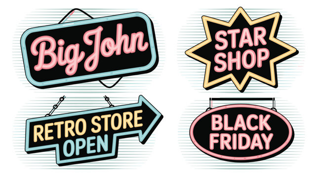 Set of vintage-style neon light signs for Big John, Star Shop, Retro Store Open, and Black Friday sales promotion on a textured background.