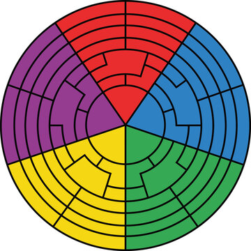 Colorful circular maze puzzle with multiple paths and sections