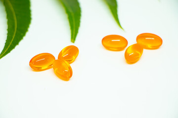 Vitamin e capsule with mint leaf isolated on white background.Vitamin e on the white background. Healthy food diet. Nutritional supplement © Hasib