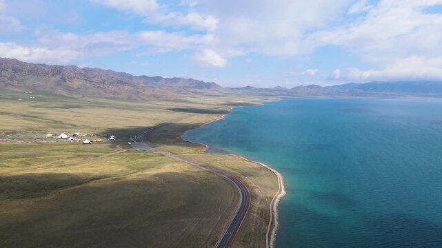 Aerial view of Sayram Lake on cloudy day, Bole, Xinjiang, China