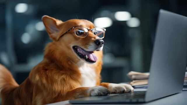 Cute dog wears glasses, typing on laptop