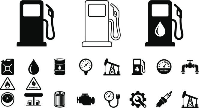 Gas station and oil industry icon set featuring fuel pump petroleum barrel and automotive maintenance symbolsGas station and oil industry icon set featuring automotive maintenance symbols