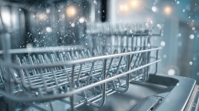 Dishwasher Trick. Close-up of a dishwasher rack with water droplets inside a running dishwasher.