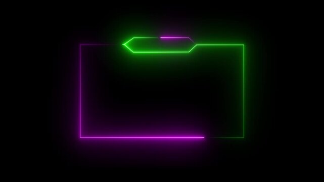 Neon green and violet color replay Frame with black background. Neon frame animation with neon box frame.