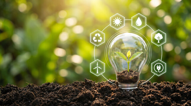 Renewable energy to power light bulbs. Renewable energy development. Sustainable environmental technologies. Green energy.
