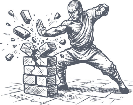 professional illustration of a shaolin monk breaking a stack of bricks with a powerful strike hand drawn style with black fill and no white fills