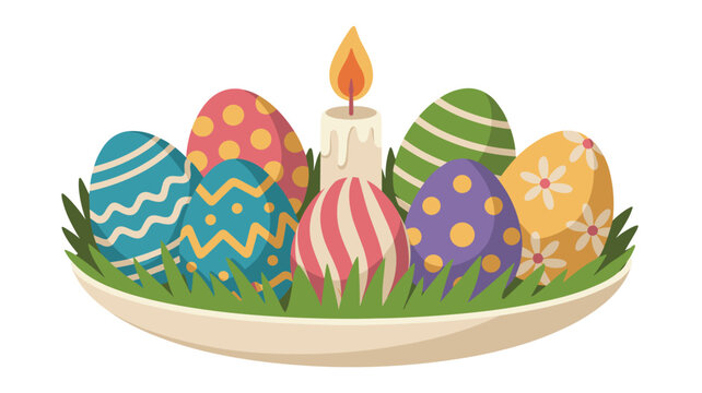 Festive Easter eggs with various patterns and colors are arranged with a single lit candle in a bowl of green grass for a holiday.