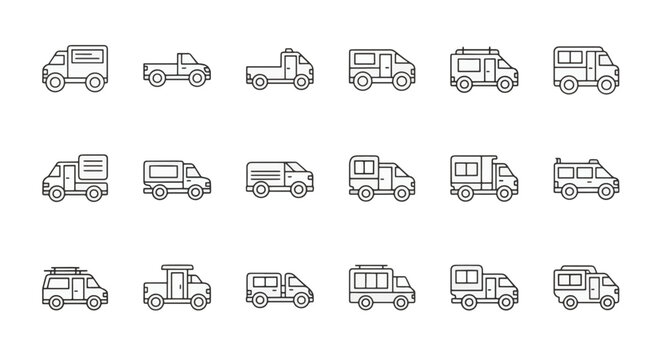 Minimalist vector outline icon set featuring eighteen unique commercial vehicle silhouettes including delivery trucks, pickup trucks, camper vans, box trucks, and utility vehicles.