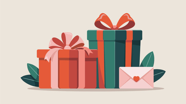 Stack of two wrapped gift boxes in red and green colors is placed next to a love letter in a pink envelope for special celebrations.