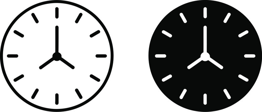 Clock icon vector isolated on white background with time symbol and analog clock interface design.