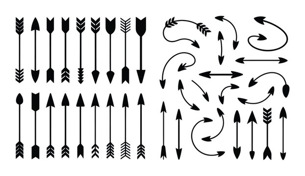 Arrows icon set, diverse arrow silhouettes and curved pointer shapes, diagram navigation vector elements for creative visualization design.