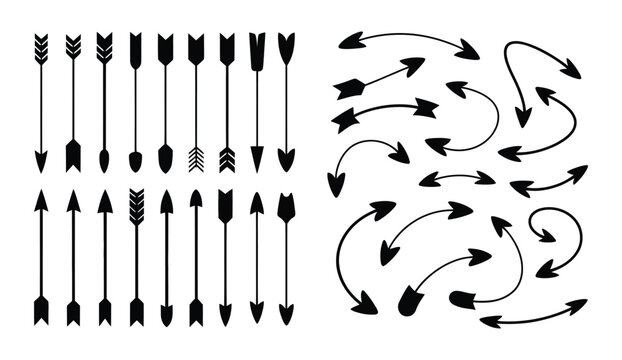 Arrows icon set, diverse arrow silhouettes and curved pointer shapes, diagram navigation vector elements for creative visualization design.