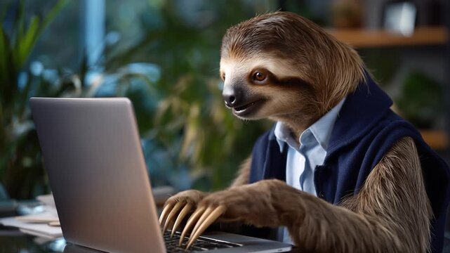 Sloth wears business attire, sits at laptop