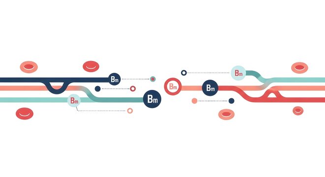 Abstract illustration of B vitamins (B6, B9, B12) and red blood cells flowing through interconnected pathways, symbolizing metabolic processes and nutrient transport within the body.