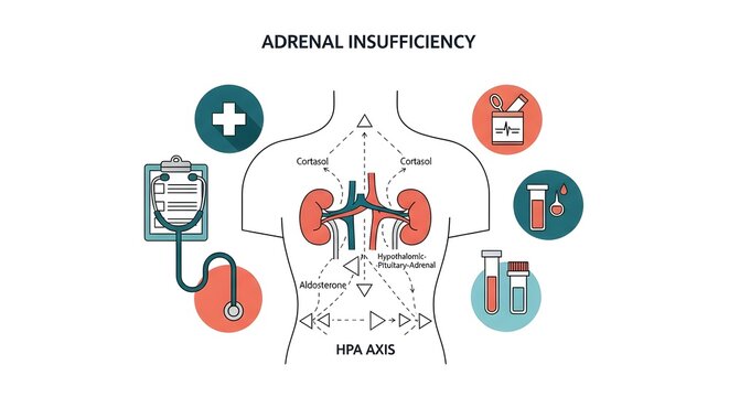 Detailed illustration of adrenal insufficiency and the HPA axis, showing hormonal regulation, medical diagnosis, and treatment concepts.