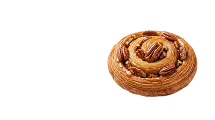 Fototapeta premium Gourmet pecan cinnamon roll with caramel glaze, sweet danish pastry with toasted nuts, golden brown swirl bun for bakery menu isolated PNG with Transparent Background