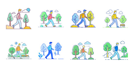 Fototapeta premium Diverse people exercising together outdoors - Colorful illustration of a group of people doing exercises and stretching in a cheerful outdoor setting.