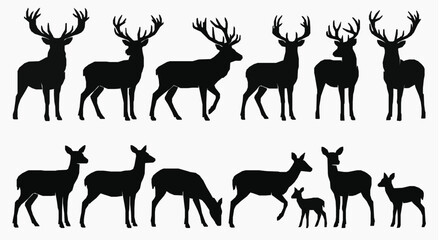 Fototapeta premium Wild Deer Silhouette Collection Vector Set with Male Female Deer Icons Isolated on White Background