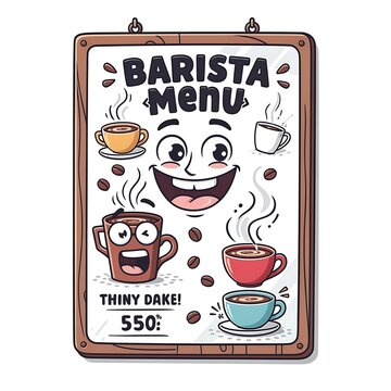 Cute cartoon barista menu illustration with coffee cups and price.
