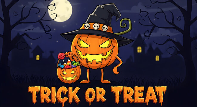 Halloween pumpkin character with witch hat, Trick or Treat holiday banner, spooky jack o lantern holding candy basket in night forest