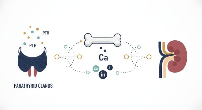 Diagram illustrating the intricate interplay between parathyroid glands, bone, and kidneys in regulating calcium levels in the human body.