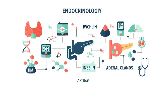 Endocrinology illustration showing various glands, hormones, and related medical elements like thyroid, pancreas, adrenal glands, and glucose monitoring.
