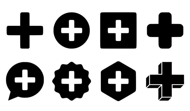 Plus Sign and Cross Icon Set Featuring Medical First Aid, Positive Addition, Mathematical Math Symbols, Isometric Math Elements, and Geometric Shape Badges