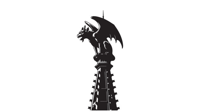 Black silhouette of a stone gargoyle statue on a tower